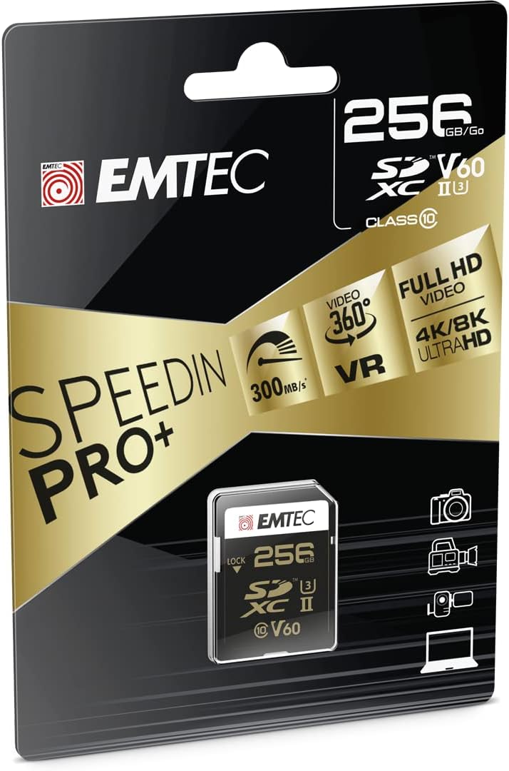 Emtec SpeedIN Pro+ SD-Speicherkarte 256GB, SDXC UHS-II U3 V60, Full HD, 3D, 4K, 8K UHD, Lesegeschwin