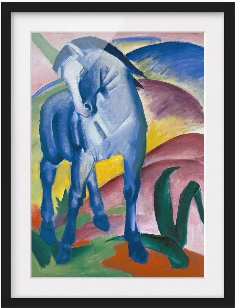 Bild mit Rahmen - Franz Marc - Blaues Pferd - Rahmenfarbe Schwarz, 100 x 70 cm 100cm x 70cm Schwarz,