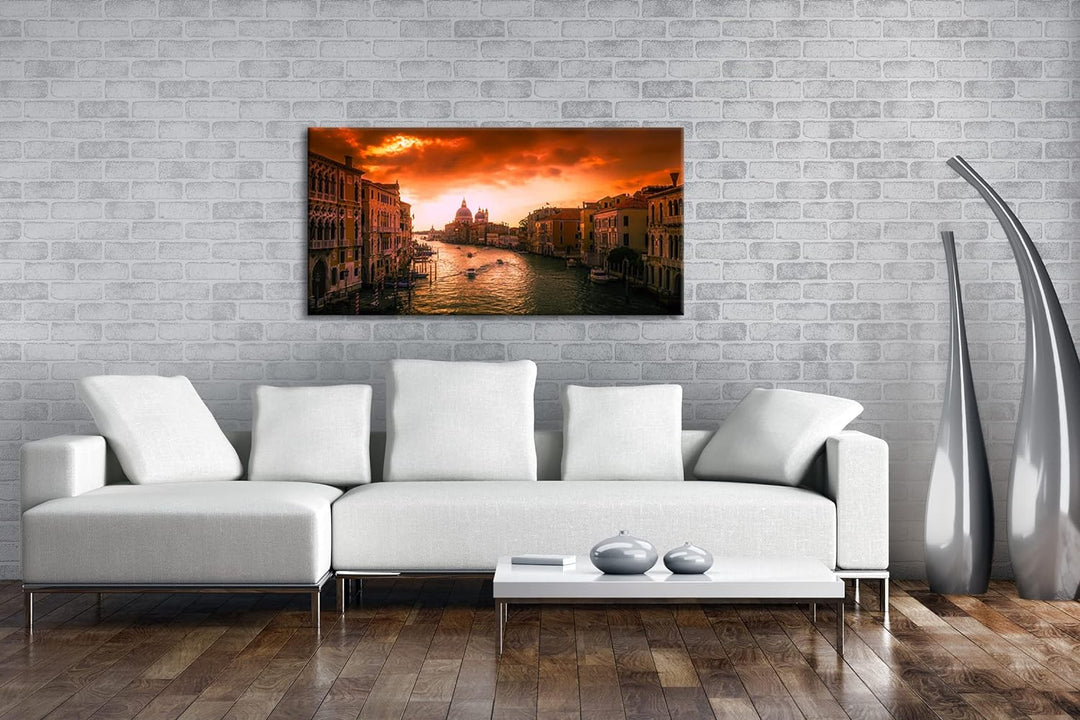 Flusslauf in Venedig Panorama 60x30 cm als Leinwandbild, Motiv fertig gerahmt auf Echtholzrahmen, Ho