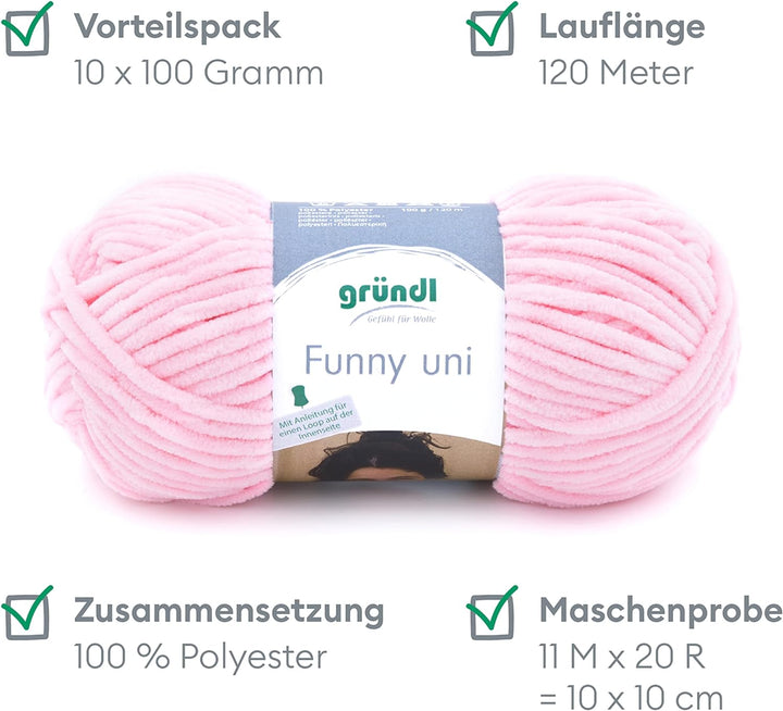 Gründl Funny uni Strick- & Häkelgarn (samtartiges Chenille-Garn aus 100 % Polyester, 10 x 100 g / 12