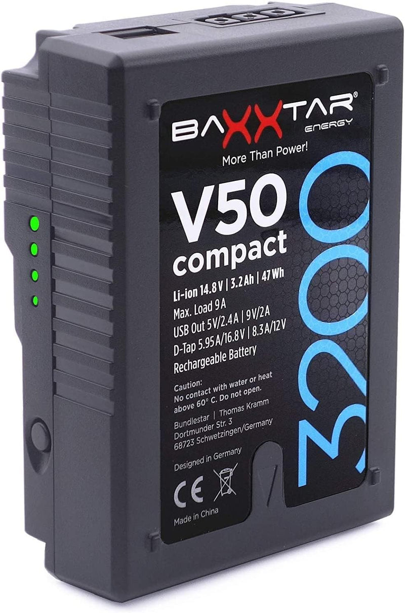 Baxxtar 47Wh V-Mount Akku V50 compact III - LG Cells Inside (echte 3200mAh) - mit D-Tap und Powerban