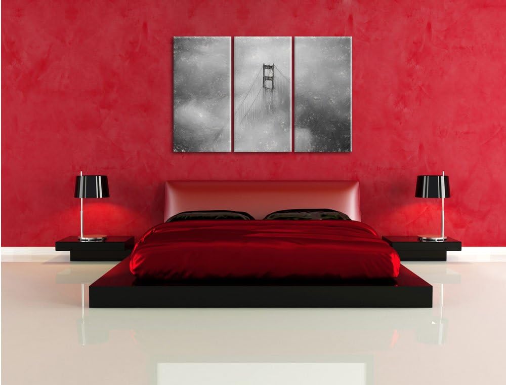Pixxprint Golden Gate Bridge über den Wolken / 3-Teilig/Gesamtmass 120cm Leinwandbild bespannt auf H