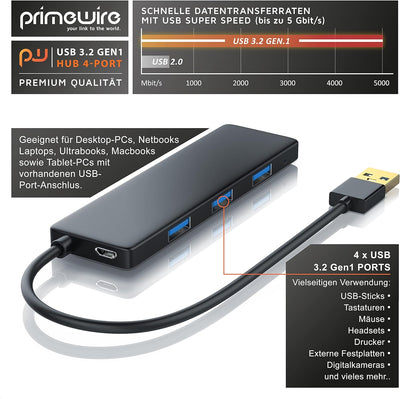 CSL - USB 3.0 Hub mit Netzteil - Ultra Slim 4-Port Verteiler - Datenhub für PC PS4 Notebook Netbook