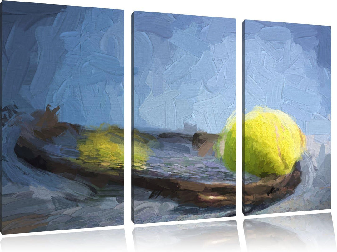 Pixxprint Tennischläger mit Bällen als Leinwandbild/Grösse: 3 Teilig (120x80) cm/Wandbild/Kunstdruck