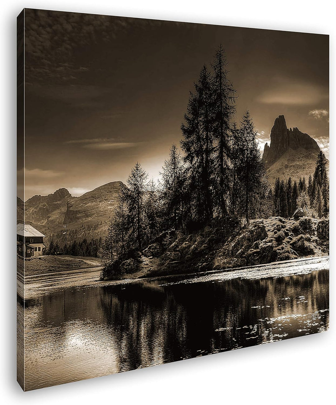 Holzhütte in den Bergen Format: 70x70 Effekt: Sepia als Leinwandbild, Motiv fertig gerahmt auf Echth