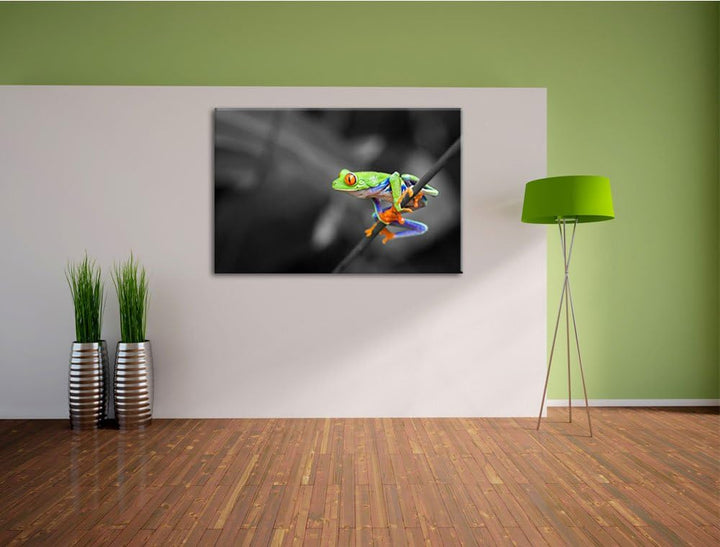kleiner Frosch auf Zweig schwarz/weiss Format: 100x70 auf Leinwand, XXL riesige Bilder fertig gerahm