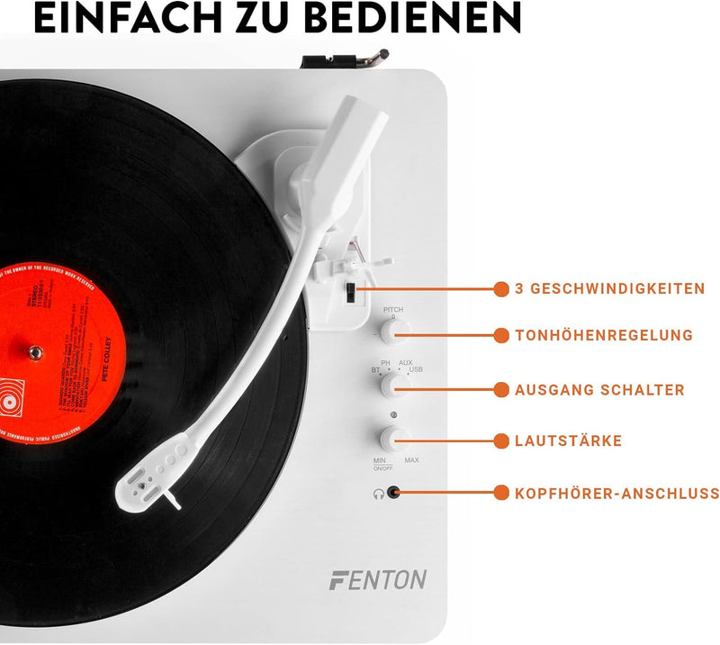 Fenton RP162W Schallplattenspieler Bluetooth Plattenspieler mit Lautsprecher, Pitch Control, MP3, RC