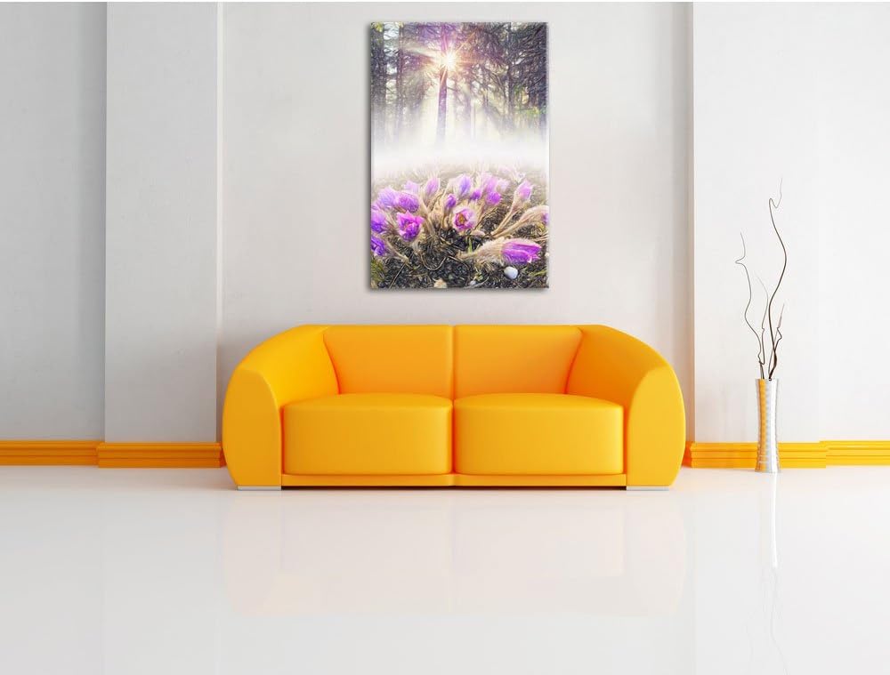 Pixxprint blühende lila Blumen im Wald Kunst Buntstift Effekt, Format: 100x70 auf Leinwand, 100x70