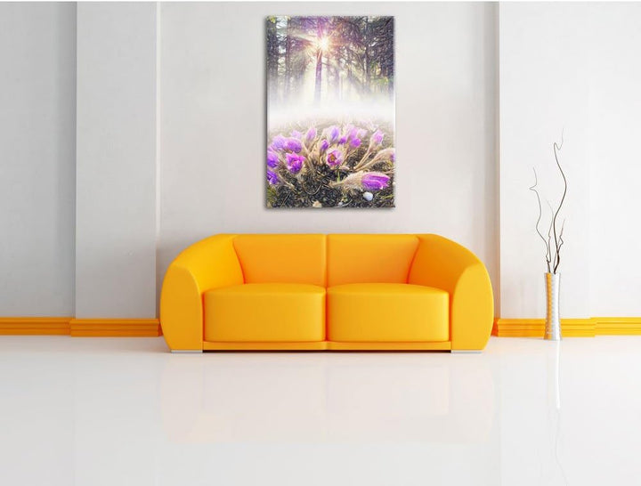Pixxprint blühende lila Blumen im Wald Kunst Buntstift Effekt, Format: 100x70 auf Leinwand, 100x70