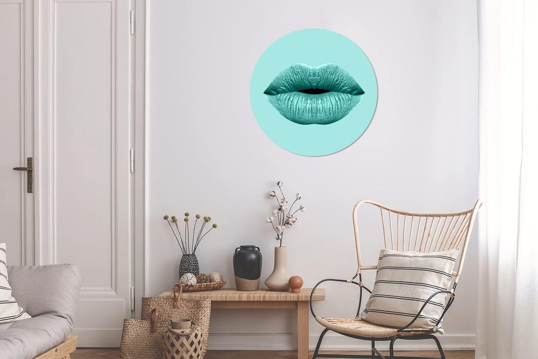 MuchoWow Wandbild Rund Wanddeko Deko Wohnzimmer Bilder 60x60 cm Lippen - Pastell - Blau, 60x60 cm