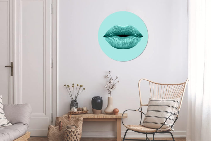 MuchoWow Wandbild Rund Wanddeko Deko Wohnzimmer Bilder 60x60 cm Lippen - Pastell - Blau, 60x60 cm