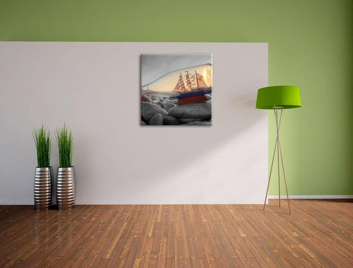 Pixxprint Schiff in Flasche als Leinwandbild/Grösse: 70x70 cm/Wandbild/Kunstdruck/fertig bespannt, 7