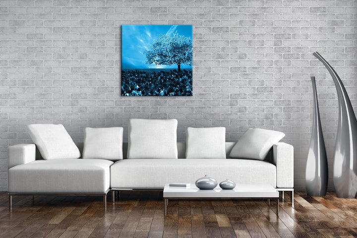 deyoli Kirschbaum im Tulpen Feld Format: 70x70 Effekt: Monocrome Blau als Leinwandbild, Motiv fertig