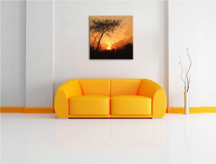 Pixxprint Einsamer Baum bei Sonnenuntergang, Format: 70x70 auf Leinwand, 70x70