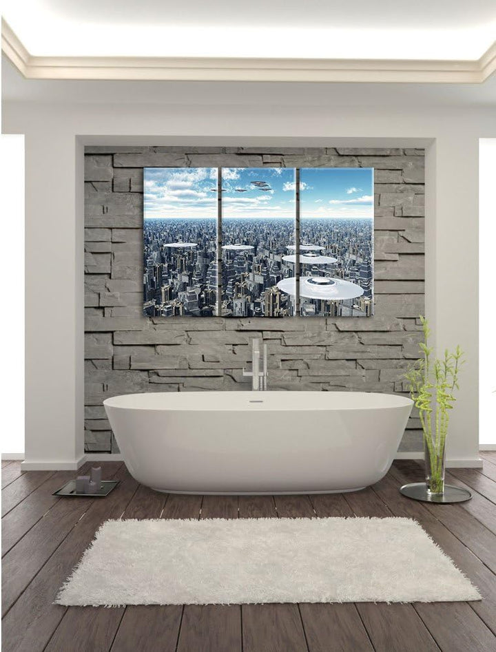 Pixxprint UFO´s über der Stadt als Leinwandbild/Grösse: 3Teilig / Wandbild/Kunstdruck/fertig bespann