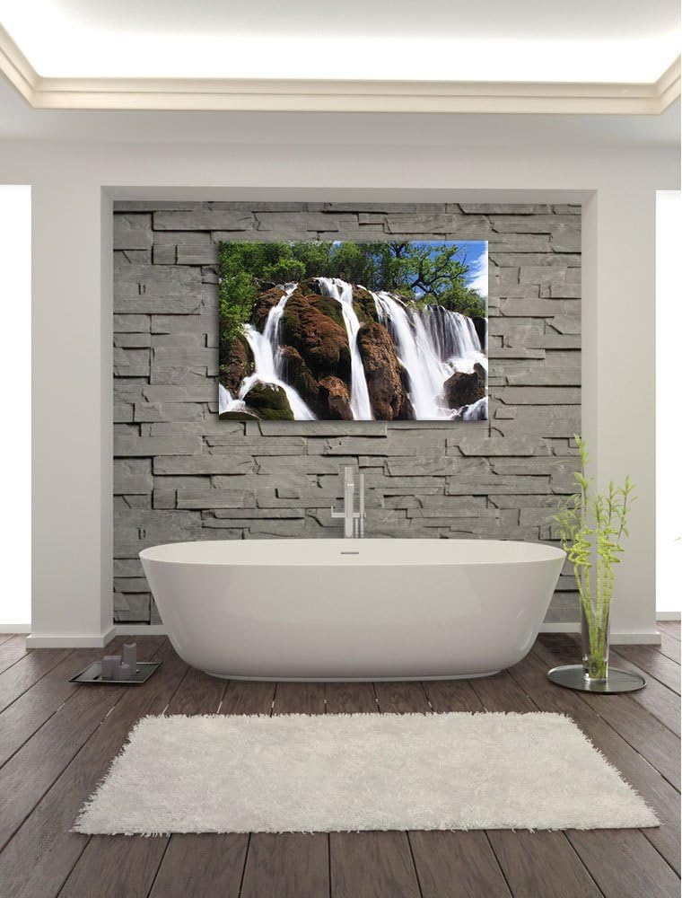 prachtvoller Wasserfall im Dschungel Leinwand, XXL riesige Bilder fertig gerahmt mit Keilrahmen, Kun