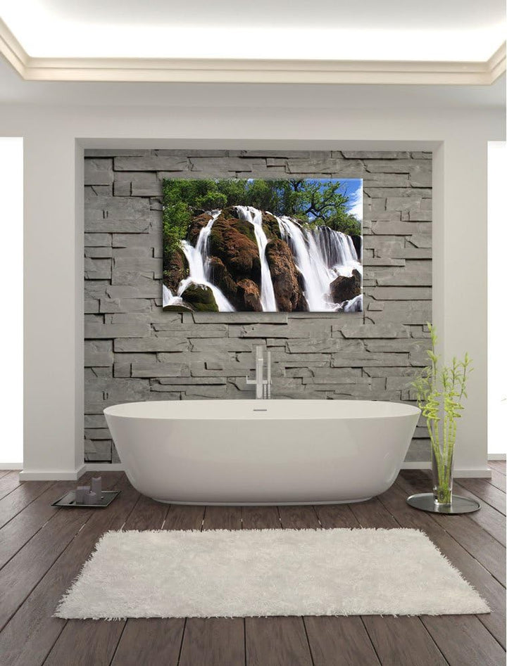 prachtvoller Wasserfall im Dschungel Leinwand, XXL riesige Bilder fertig gerahmt mit Keilrahmen, Kun