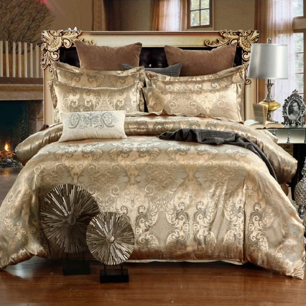 DXHOME Bettwäsche 200x220 cm Set Satin Bettbezug Set Golden Gelb Jacquard Stickerei Blumenmuster Sei