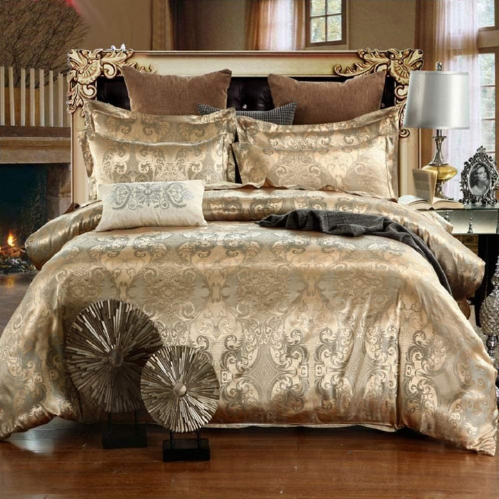 DXHOME Bettwäsche 200x220 cm Set Satin Bettbezug Set Golden Gelb Jacquard Stickerei Blumenmuster Sei
