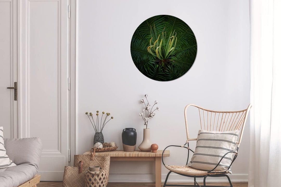 MuchoWow Wandbild Rund Wanddeko Deko Wohnzimmer Bilder 60x60 cm Eine blühende Cycad-Pflanze auf schw