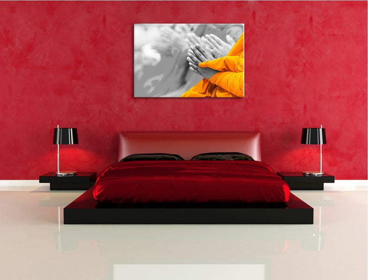 betende Mönche in Tibet schwarz/weiss Format: 100x70 auf Leinwand, XXL riesige Bilder fertig gerahmt