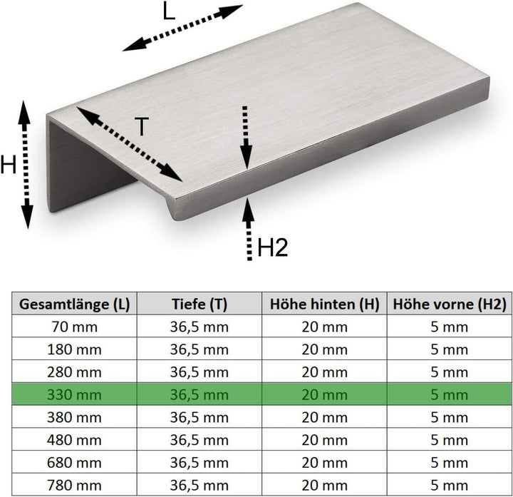 10er Set Alu Möbelgriff SEARL 330 mm Edelstahloptik Griff-Profilleiste Schubladengriff Küchengriff v