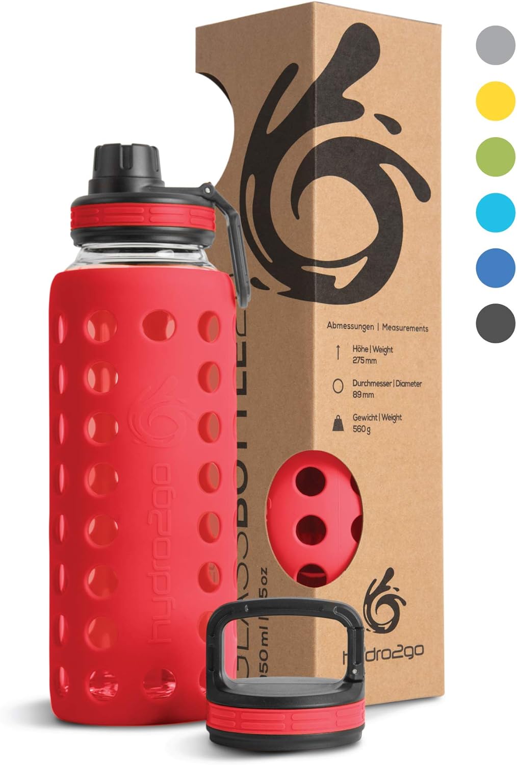 hydro2go® Trinkflasche aus Glas mit Silikonhülle 950 ml - spülmaschinenfest | 2 auswechselbare Decke