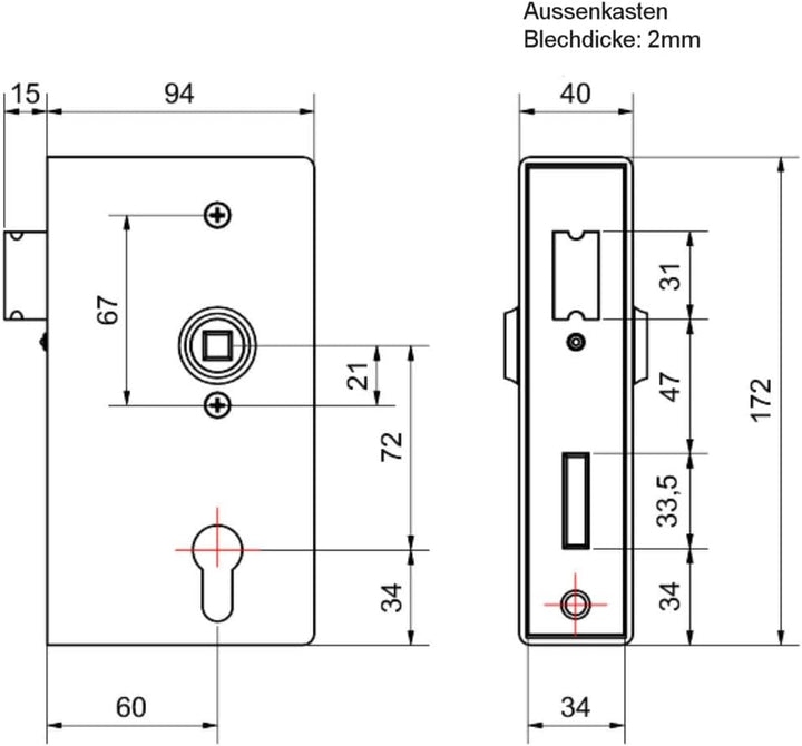 UHRIG® Kastenschloss Schlosskasten 40 mm zum einschweissen in Gartentür komplett Set !! Inkl. Drücke