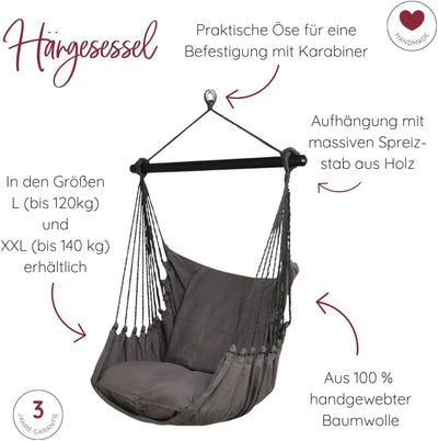 HOBEA-Germany Hängesessel Hängestuhl Hängesitz mit 2 Kissenhüllen (XXL (bis 140kg belastbar), Lappla