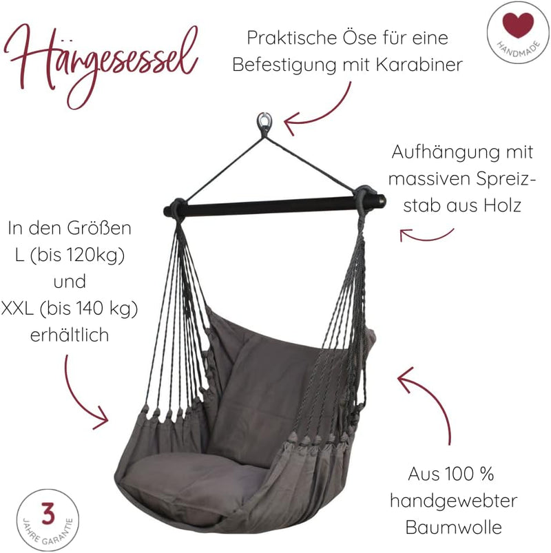 HOBEA-Germany Hängesessel Hängestuhl Hängesitz mit 2 Kissenhüllen (XXL (bis 140kg belastbar), Lappla