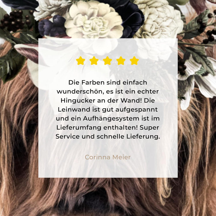 MuchoWow Leinwand Bilder, Einzigartige Wanddeko mit Rahmen, Schottische Highlander - Blumen - Hoorn,