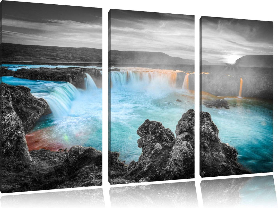 Pixxprint Goðafoss bei Sonnenuntergang als Leinwandbild | Grösse: 3 Teilig (120x80) | Wandbild| Kuns