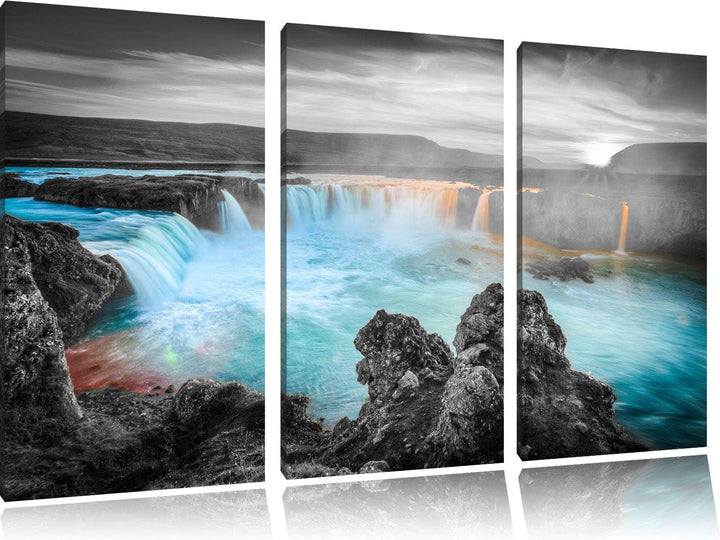 Pixxprint Goðafoss bei Sonnenuntergang als Leinwandbild | Grösse: 3 Teilig (120x80) | Wandbild| Kuns