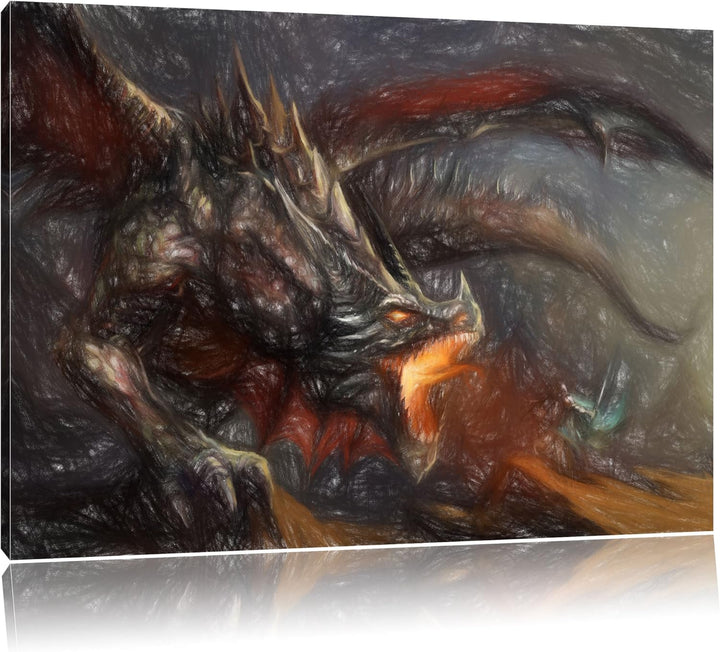 Pixxprint Kampf zwischen Mensch und Drache / 100x70cm Leinwandbild bespannt auf Holzrahmen/Wandbild