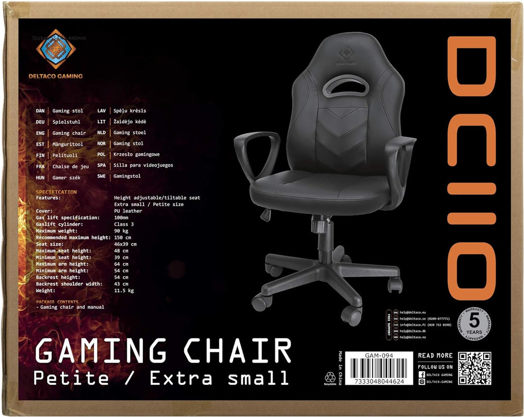 DELTACO Klassischer Gaming Stuhl (Junior Grösse, PU Leder, ergonomisch, höhenverstellbar), GAM-094
