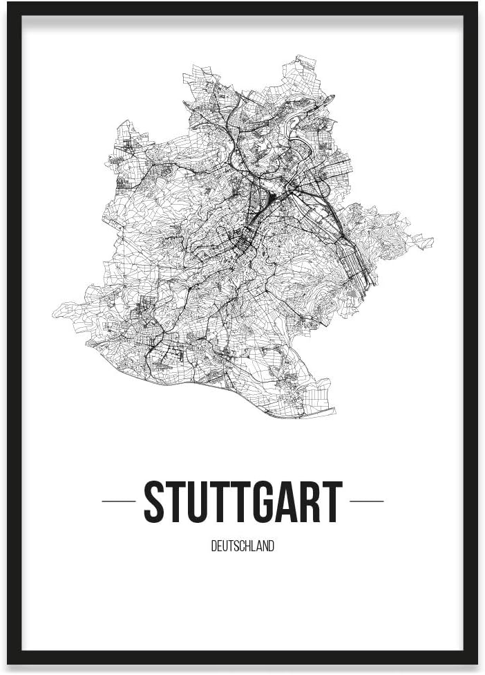JUNIWORDS Stadtposter, Stuttgart, Wähle eine Grösse, 21 x 30 cm, Poster mit Rahmen, Schrift B, Weiss