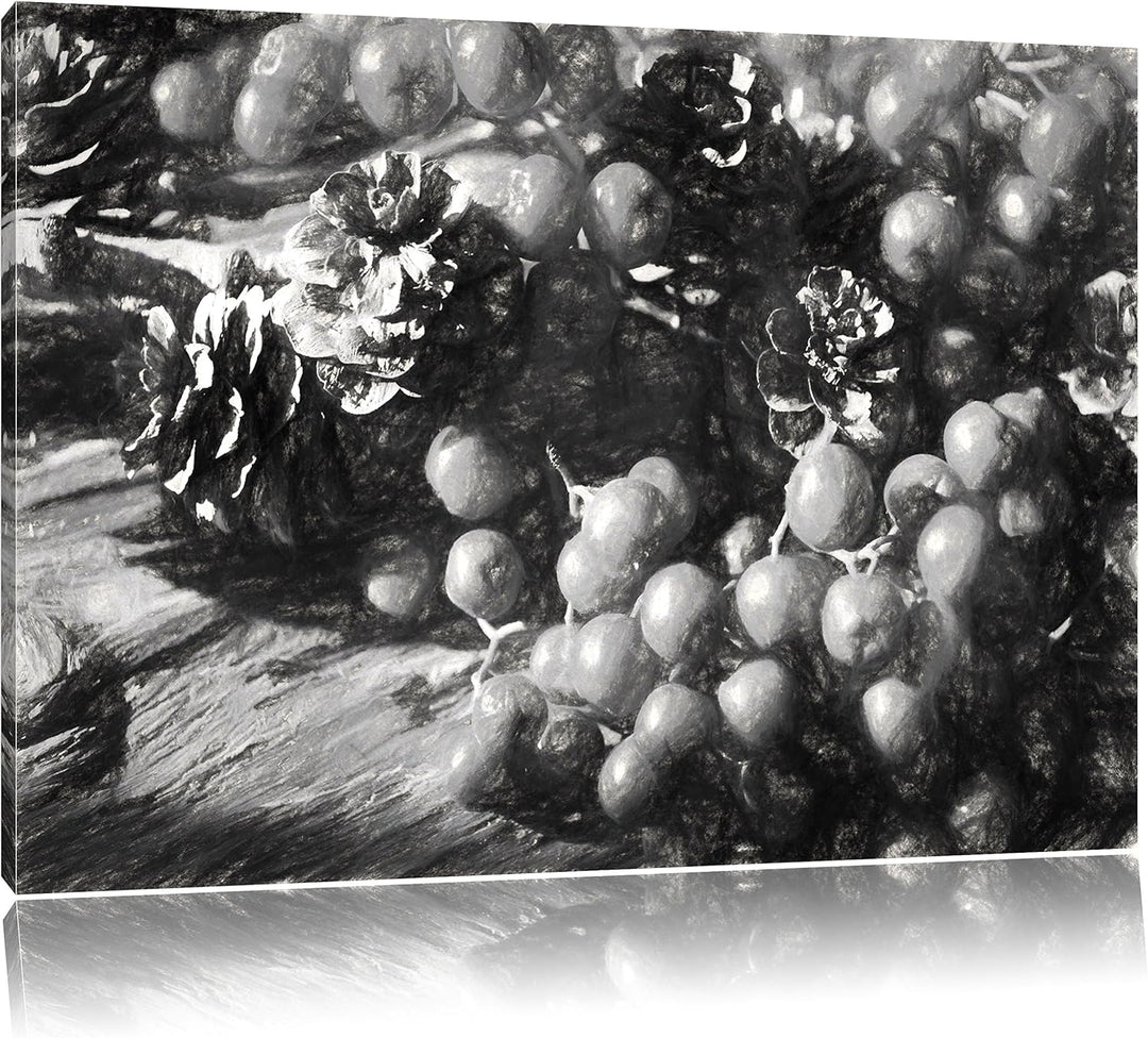 Pixxprint Vogelbeeren und Tannenzapfen Kunst als Leinwandbild/Grösse: 100x70 / Wandbild/Kunstdruck/f
