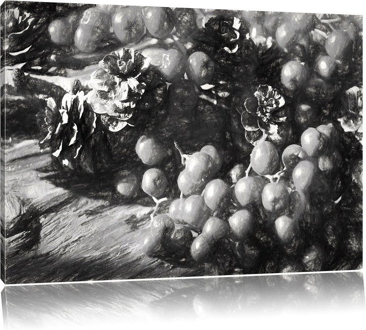 Pixxprint Vogelbeeren und Tannenzapfen Kunst als Leinwandbild/Grösse: 100x70 / Wandbild/Kunstdruck/f