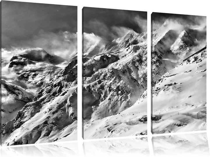 Pixxprint Monocrome, schneebedeckte Berggipfel 3-Teiler Leinwandbild 120x80 Bild auf Leinwand