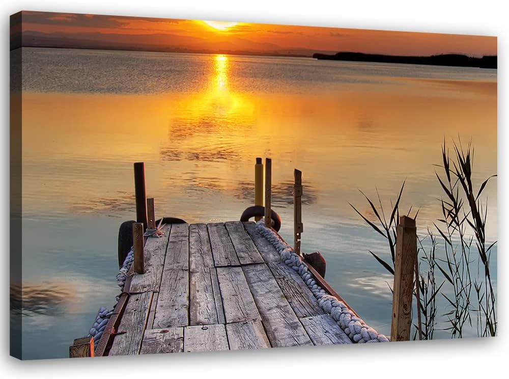 Feeby Vlies Leinwandbild Strand See Holzsteg Sonnenuntergang 90x60 cm Druckbild Wandbild Wanddekorat