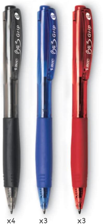 BIC BU3 Comfort Grip - Retractable Ball Pens - 4 Black, 3 Blue, 3 Red