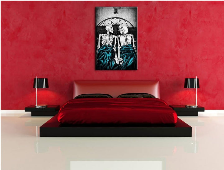 Horror Paar im heimischen Schlafzimmer schwarz/weiss Format: 100x70 auf Leinwand, XXL riesige Bilder