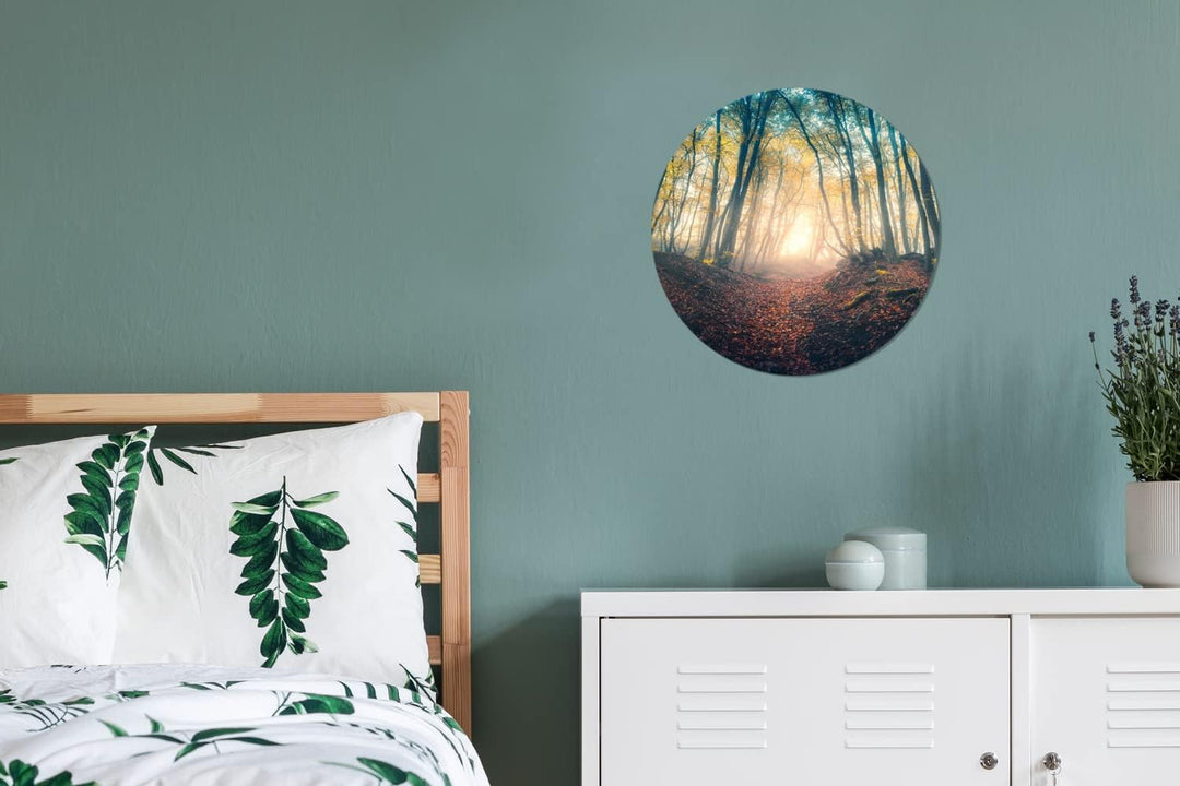 MuchoWow Wandbild Rund Wanddeko Deko Wohnzimmer Bilder 30x30 cm Wald - Nebel - Sonne - Herbst, 30x30