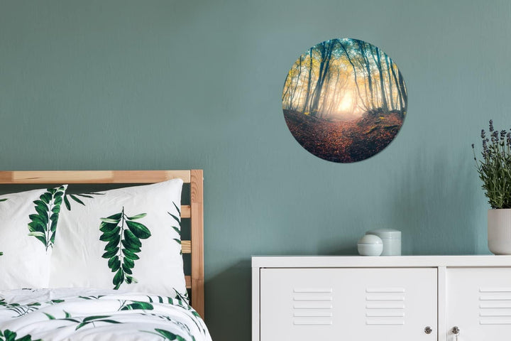 MuchoWow Wandbild Rund Wanddeko Deko Wohnzimmer Bilder 30x30 cm Wald - Nebel - Sonne - Herbst, 30x30