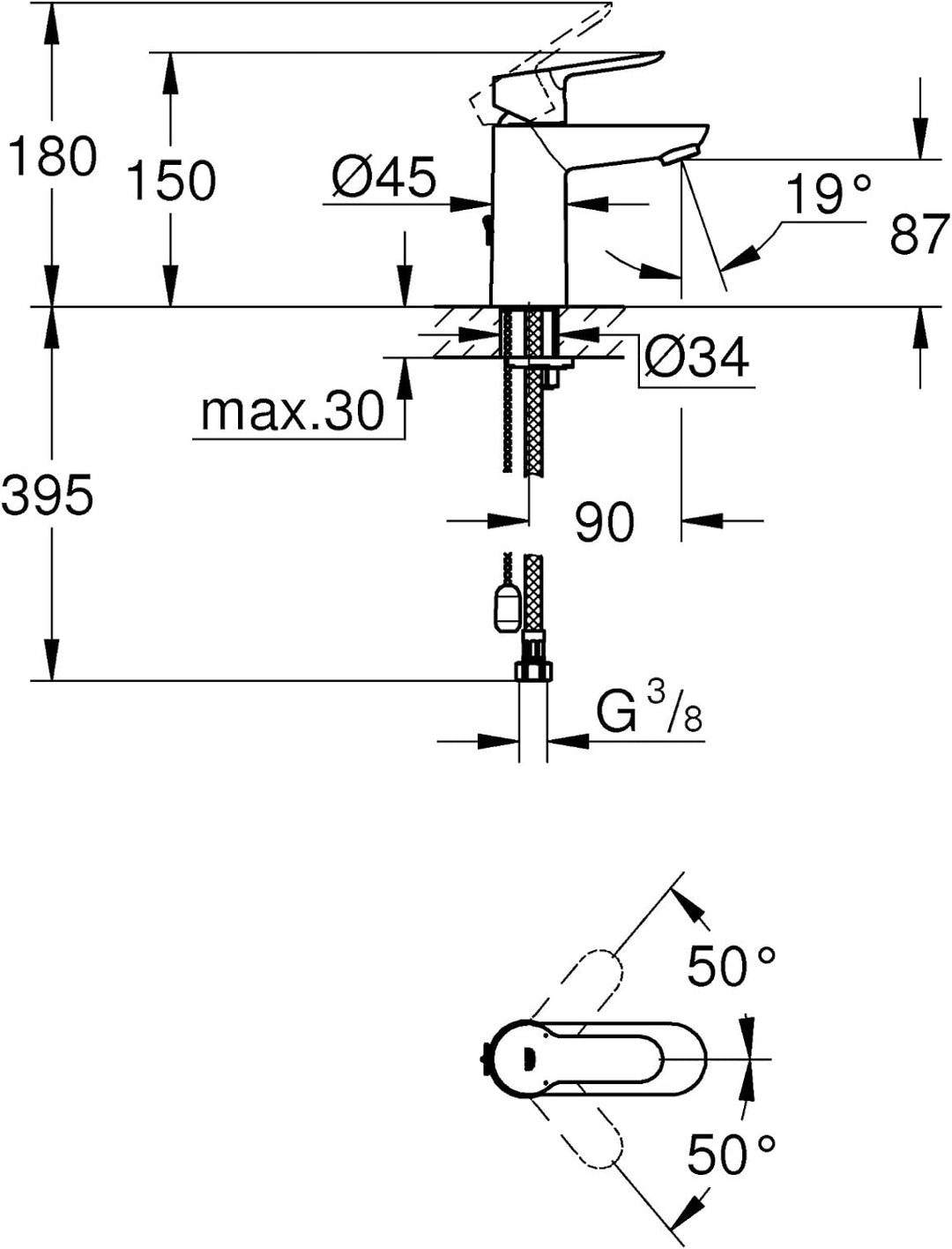 Grohe BauEdge EHM WT Kette, S-Size, Chrom Chrom S-Size Versenkbare Kette, Chrom S-Size Versenkbare K