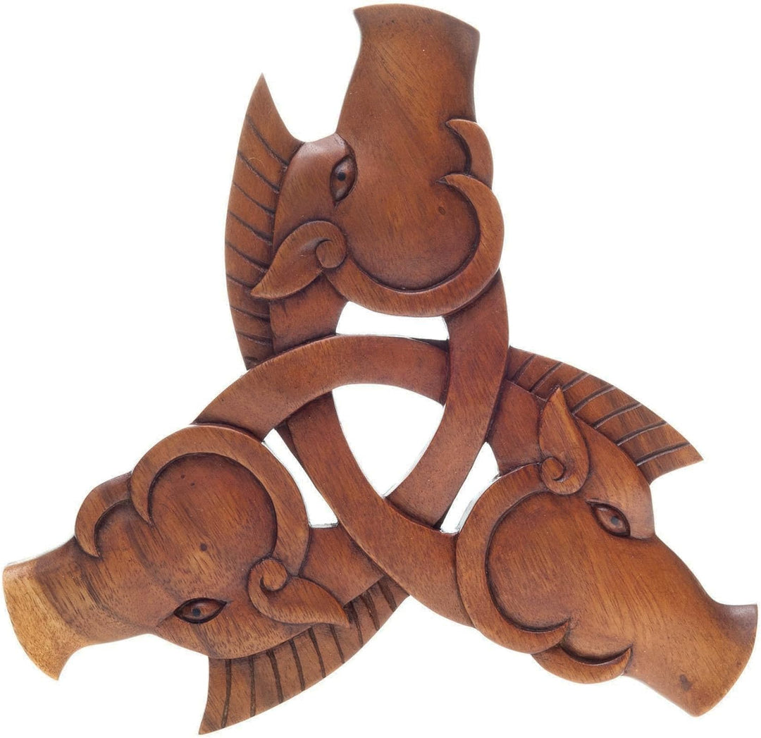 Windalf Wikinger Eber Holz Wandskulptur Thunder Ø 25 cm 3 Krieger Wildschweine Triade Wandfigur Hand