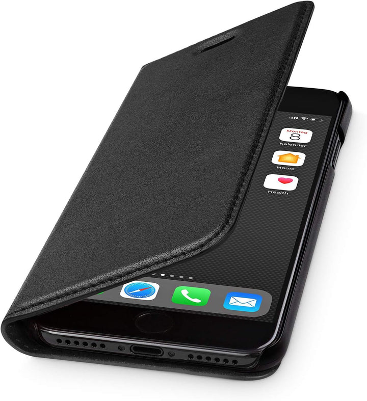 WIIUKA Lederhülle Hülle für iPhone SE (2022/2020) / iPhone 8/7, extra Dünn, Kartenfach, Tasche Schwa