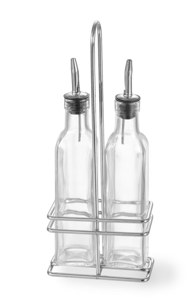 HENDI Menage Essig und Öl, Gestell aus verchromten Stahl, 2 Öl-/Essig Flaschen aus Glas mit Edelstah