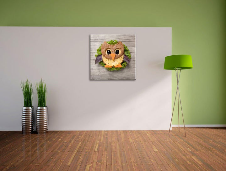 das lustige Eulen Sandwich, Format: 70x70 auf Leinwand, XXL riesige Bilder fertig gerahmt mit Keilra