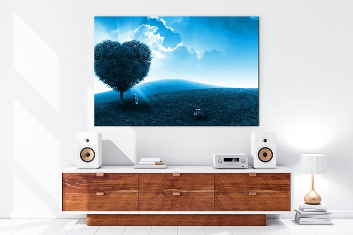 deyoli romantischer Herzförmiger Baum Format 100x70 Effekt: Monocrome Blau als Leinwandbild, Motiv f